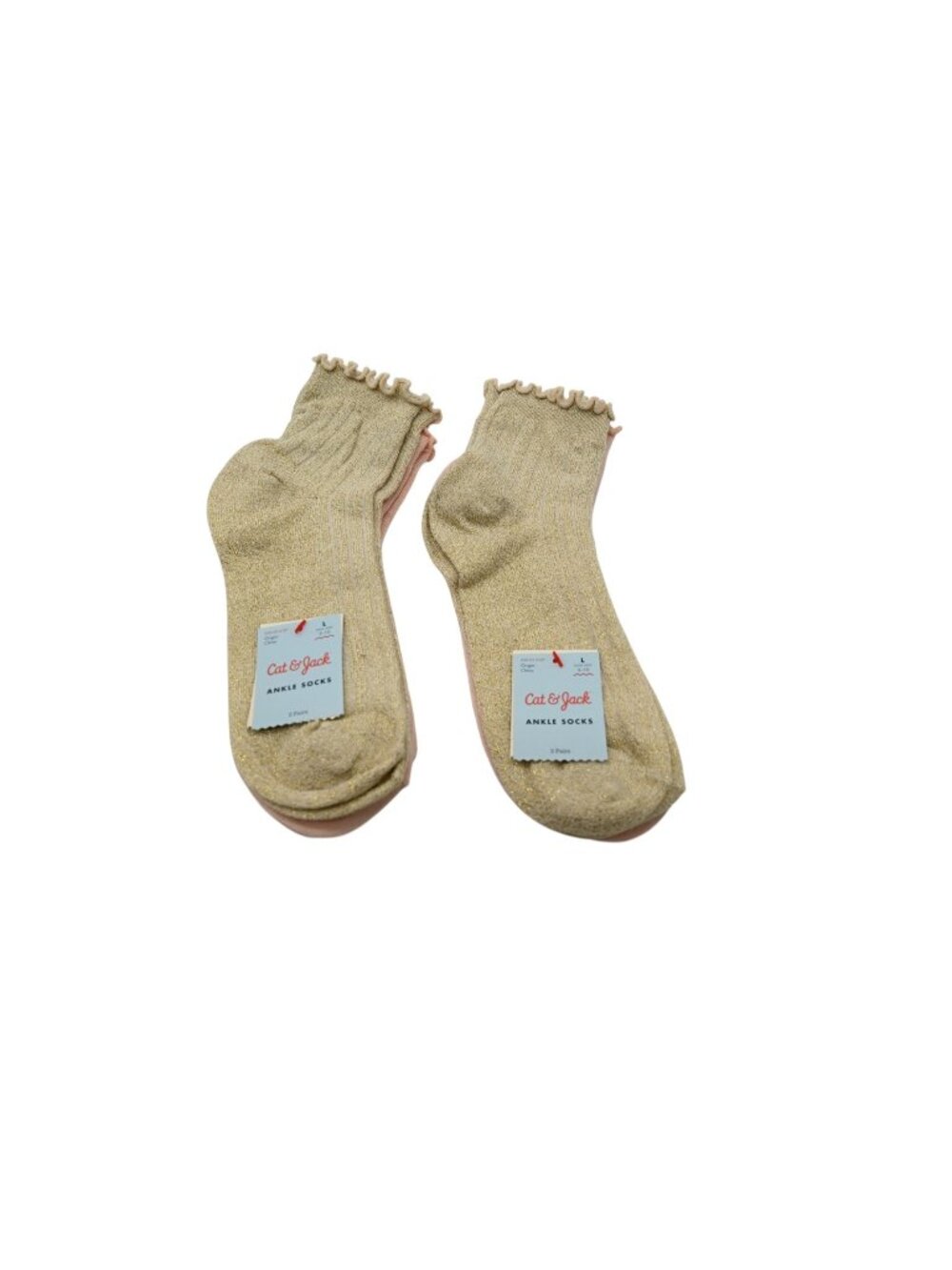 NWT Cat & Jack Lot of 2 2 Pack Ankle Socks L Shoe Sz 3-10 Gold Shimmer Pink